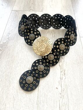 Black Suede Disc Waist Belt with Gold Accents